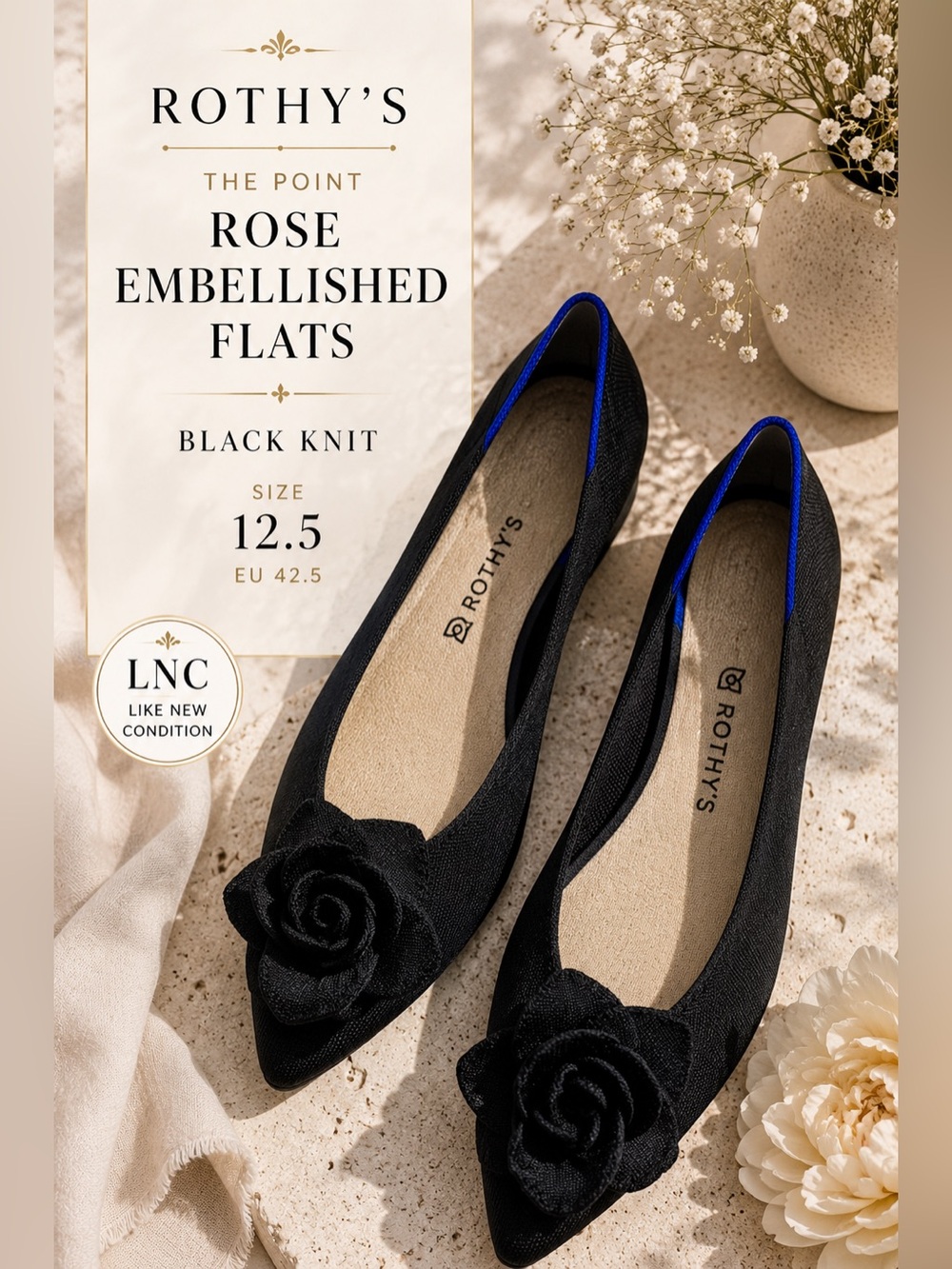 Rothy’s The Point Rose Embellished Flats Black Knit Size 12.5